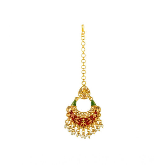 Generic Women's Rose Gold Plated Alloy Kundan Earrings & Mangtikka (Red & Green)