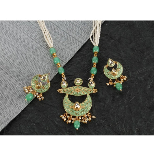 Generic Women's Rose Gold Plated Alloy Necklace & Earings Set (Green)