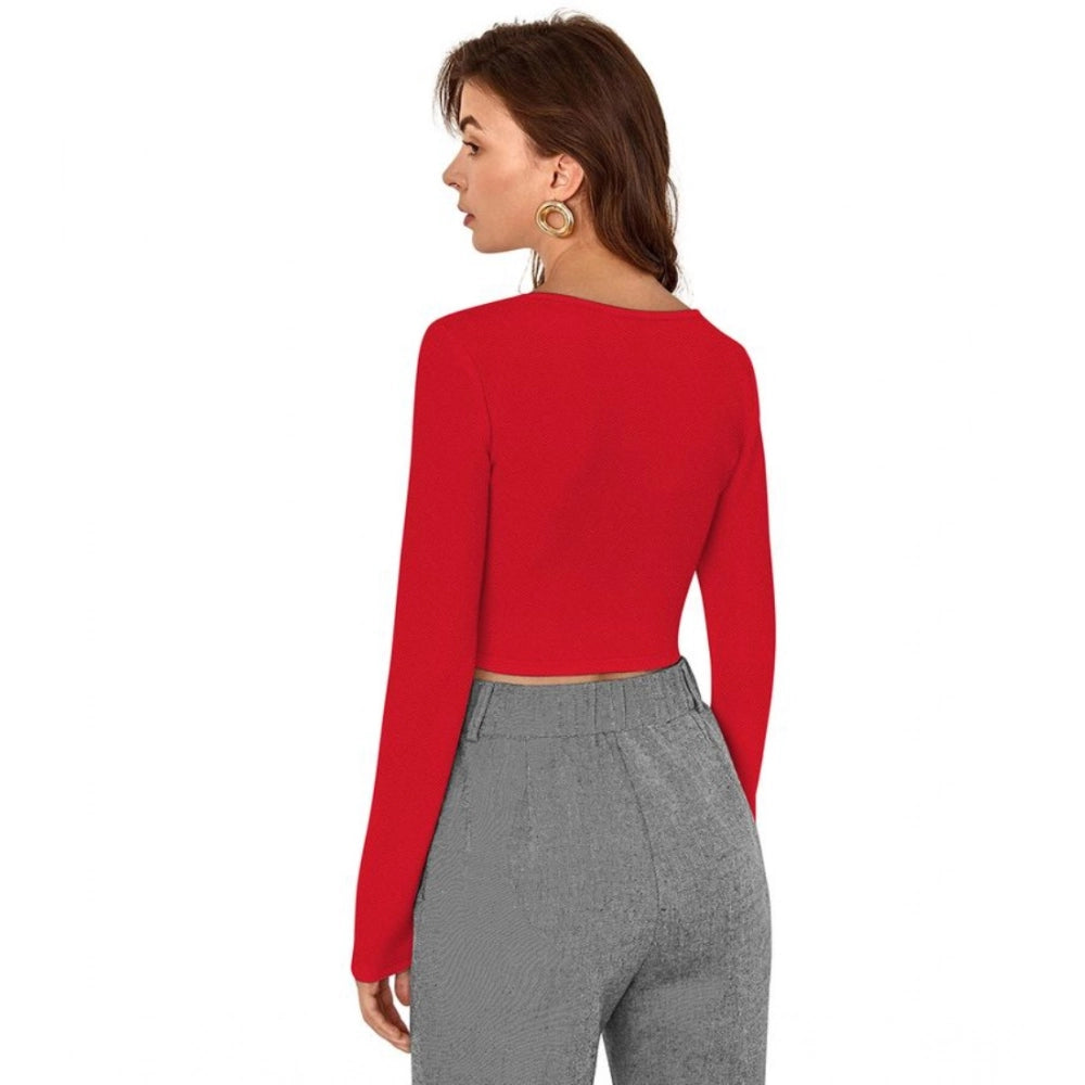 Generic Women's Polyester Solid Full Sleeves Square Neck Top (Red)