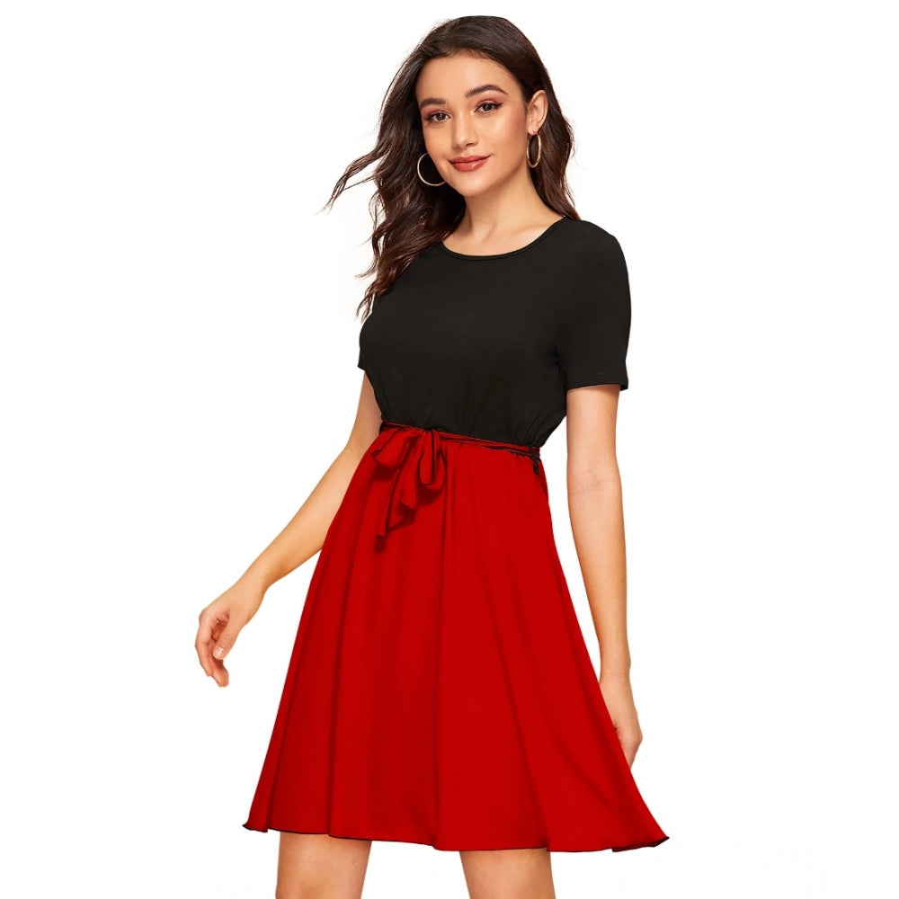 Generic Women's Knitting stretchable Solid Round Neck Cap Sleeve Dress (Red)
