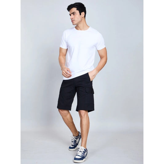 Generic Men's Casual Cotton Solid Knee Length Cargo Shorts (Black)