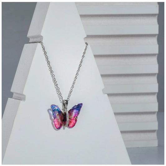 Generic Women's Stainless Steel Colorful Butterfly Pendent Dailywear chain (Silver Plated)