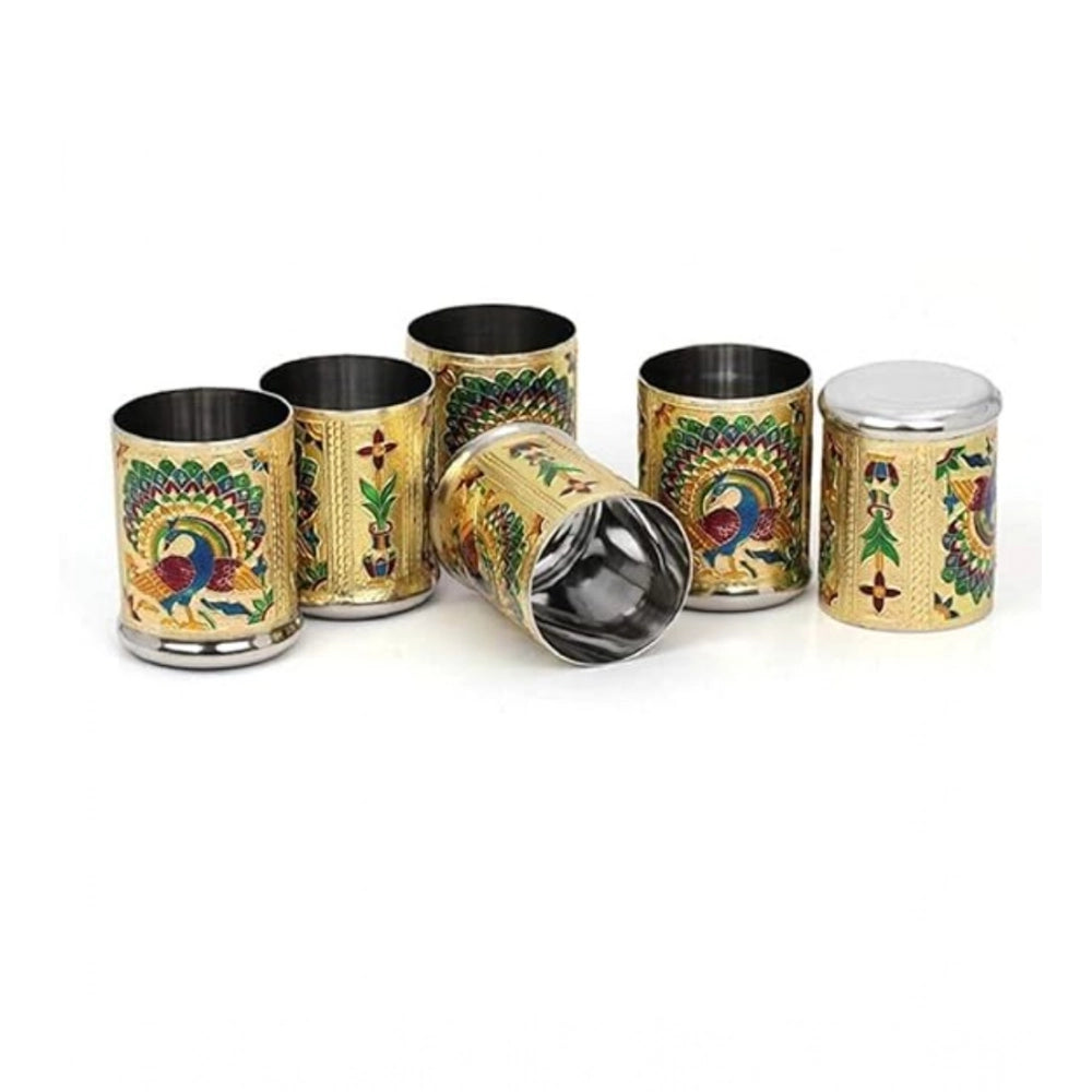 Generic Steel Meenakari Peacock Design Decorative Glass Set (Gold)