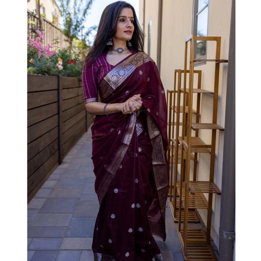 Generic Women's Cotton Printed Saree With Unstitched Blouse 5.5Mtr (Maroon)