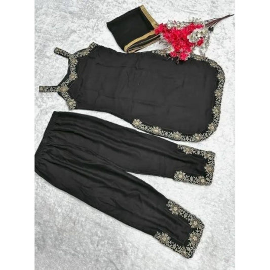 Generic Women's Georgette Embroidery Sleeveless Round Neck Kurti, Palazzo And Dupatta Set (Black)