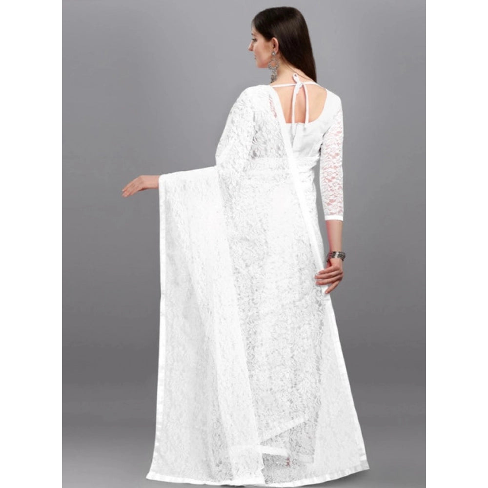 Generic Women's Net Self Design Saree With Unstitched Blouse 5.5Mtr (White)