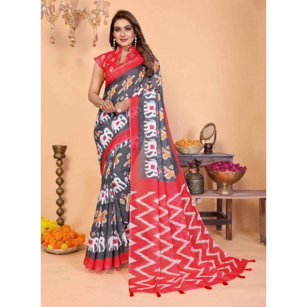 Generic Women's Linen Cotton Printed Saree With Unstitched Blouse 5.5Mtr (Grey)