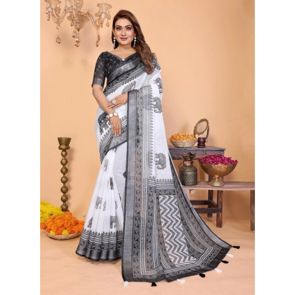 Generic Women's Linen Cotton Printed Saree With Unstitched Blouse 5.5Mtr (White-Black)