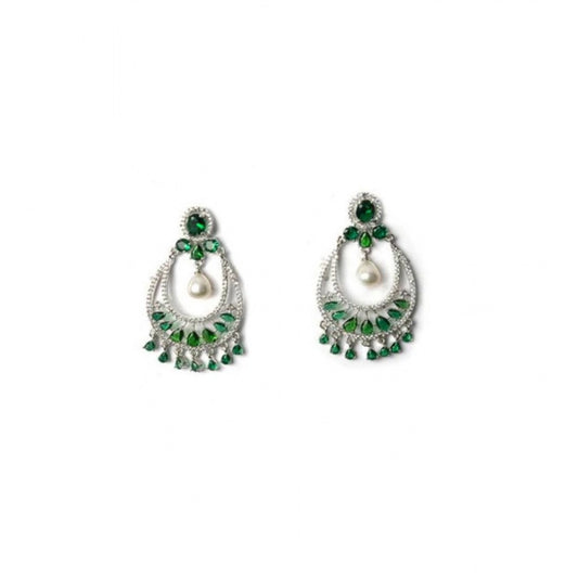 Generic Women's Brass Silver Plated Chandbali Earrings (Green)