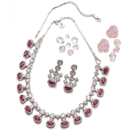 Generic Women's Brass Silver Plated Necklace set (Pink)