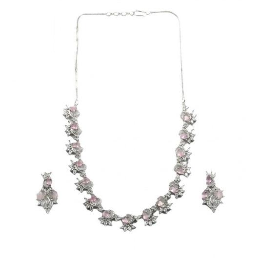 Generic Women's Brass Silver Plated Necklace set (Pink)