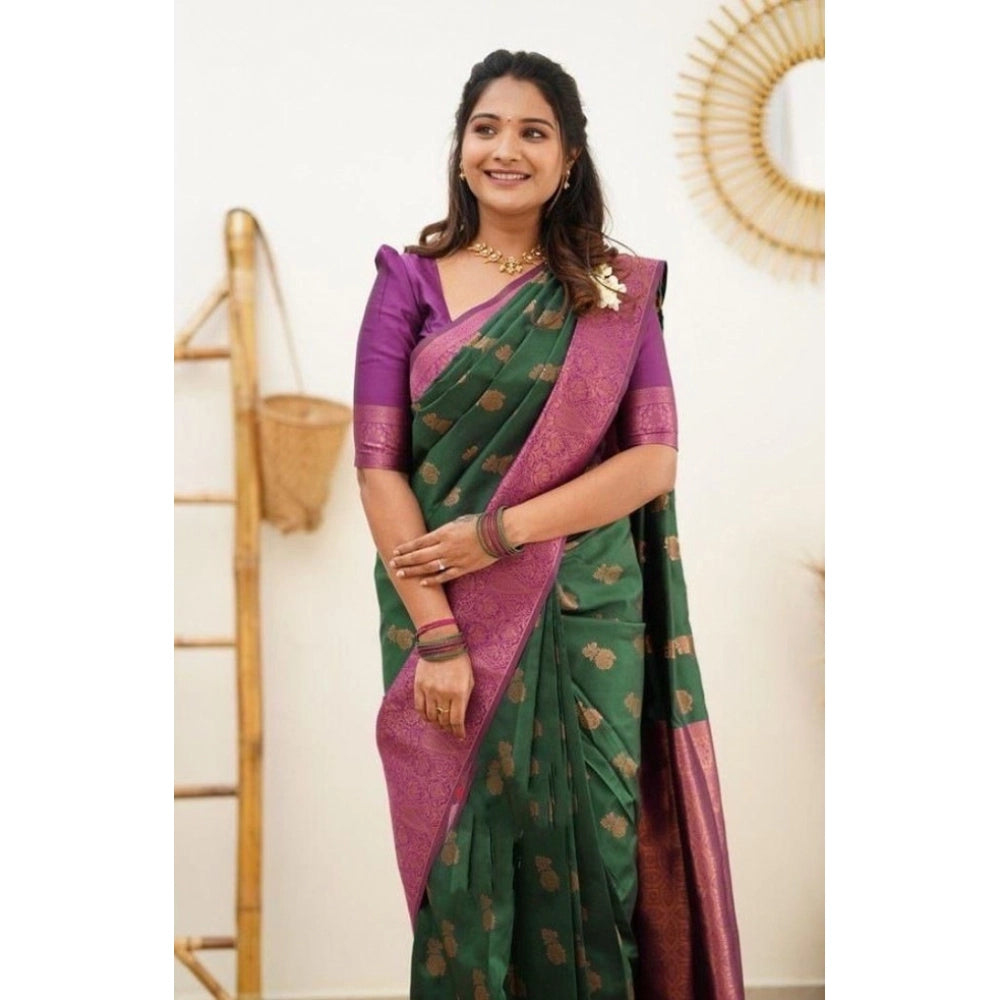 Generic Women's Litchi silk Printed Saree With Unstitched Blouse (Green)