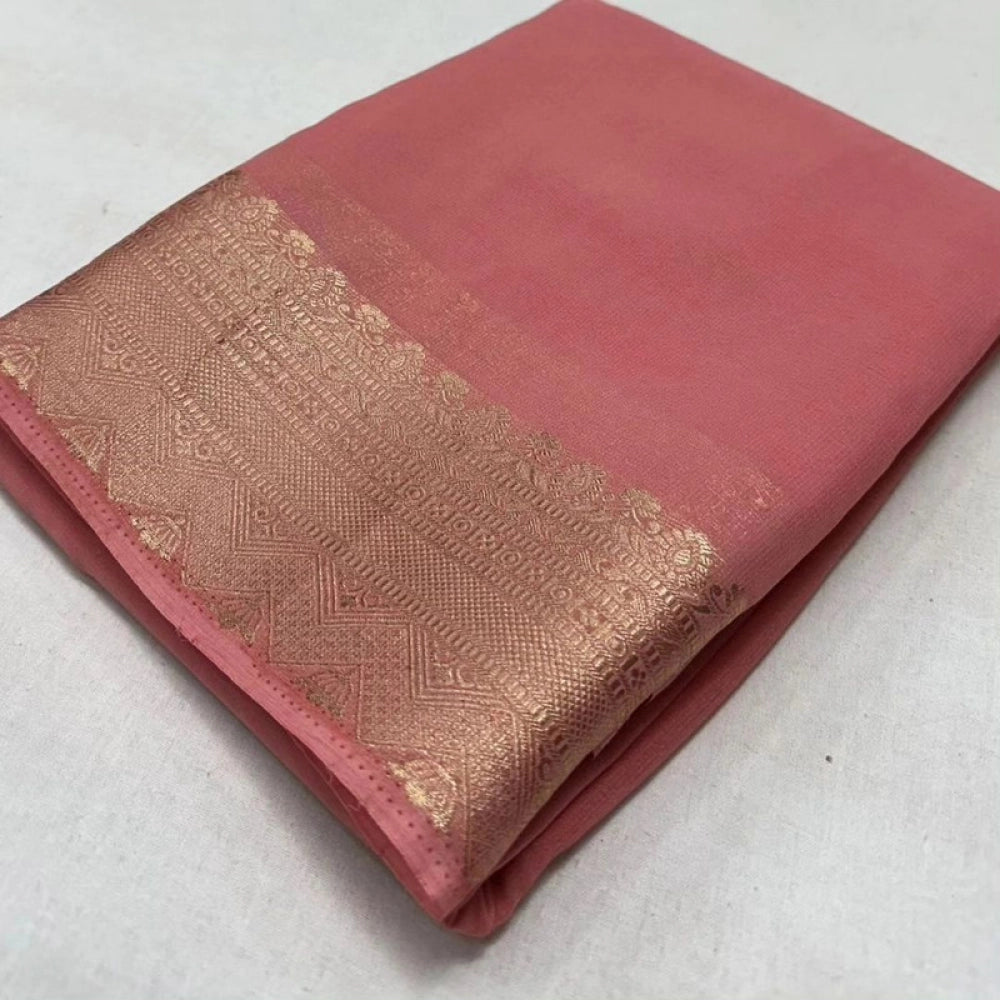 Generic Women's Crepe Chit Pallu Solid Saree With Unstitched Blouse 5.5Mtr (Peach)