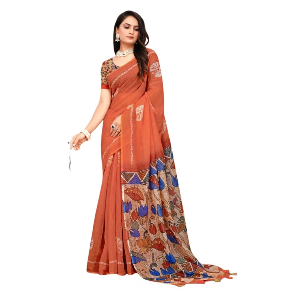 Generic Women's Linen Printed Saree With Unstitched Blouse 5.5Mtr (Red)