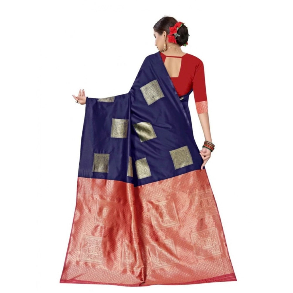 Generic Women's Soft Lichi Silk Printed Saree With Unstitched Blouse 5.5Mtr (Blue)