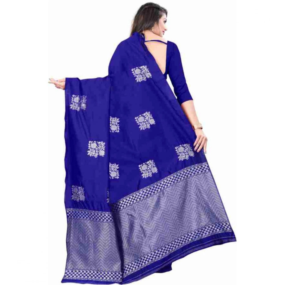 Generic Women's Soft Lichi Silk Printed Saree With Unstitched Blouse 5.5Mtr (Royal-Blue)