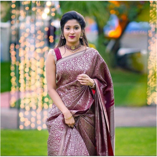 Generic Women's Soft Lichi Silk Printed Saree With Unstitched Blouse 5.5Mtr (Wine)