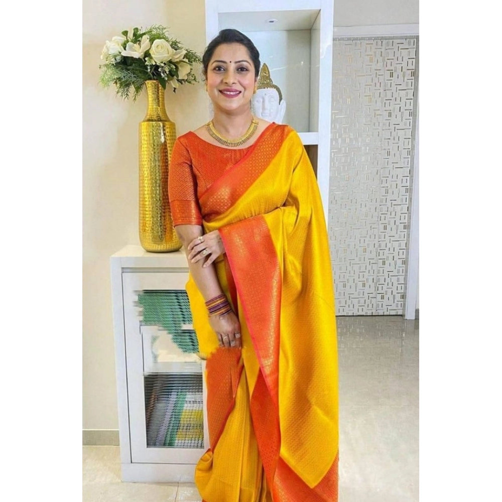Generic Women's Soft Lichi Silk Printed Saree With Unstitched Blouse 5.5Mtr (Mustard )