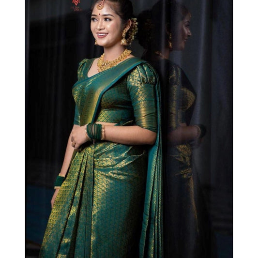 Generic Women's Soft Lichi Silk Printed Saree With Unstitched Blouse 5.5Mtr (Green)