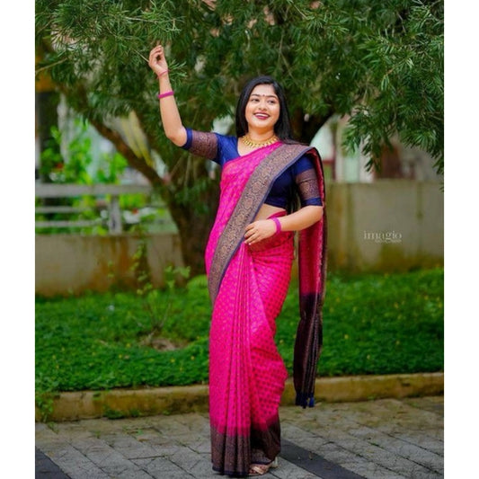 Generic Women's Soft Lichi Silk Printed Saree With Unstitched Blouse 5.5Mtr (Pink)