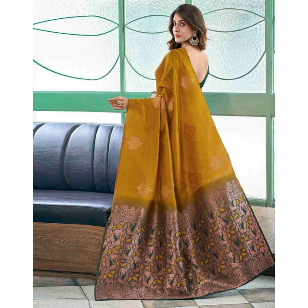 Generic Women's Soft Lichi Silk Printed Saree With Unstitched Blouse 5.5Mtr (Mustard )