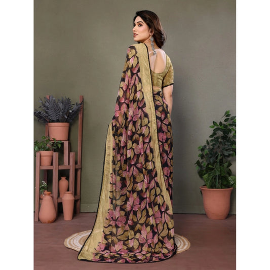 Generic Women's Chiffon Printed Saree With Unstitched Blouse 5.5Mtr (Beige)