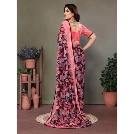 Generic Women's Chiffon Printed Saree With Unstitched Blouse 5.5Mtr (Pink)