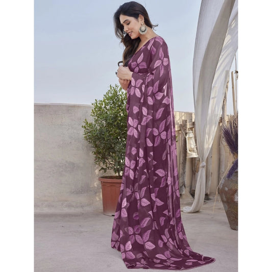 Generic Women's Chiffon Printed Saree With Unstitched Blouse 5.5Mtr (Purple)