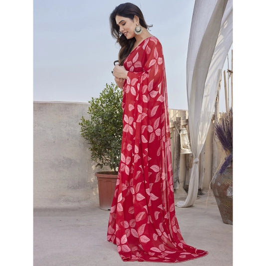 Generic Women's Chiffon Printed Saree With Unstitched Blouse 5.5Mtr (Red)
