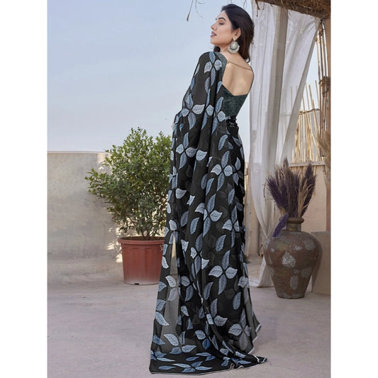 Generic Women's Chiffon Printed Saree With Unstitched Blouse 5.5Mtr (Black)