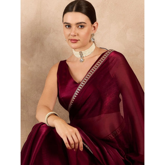 Generic Women's Jimmy Choo solid Saree With Unstitched Blouse 5.5Mtr (Wine )