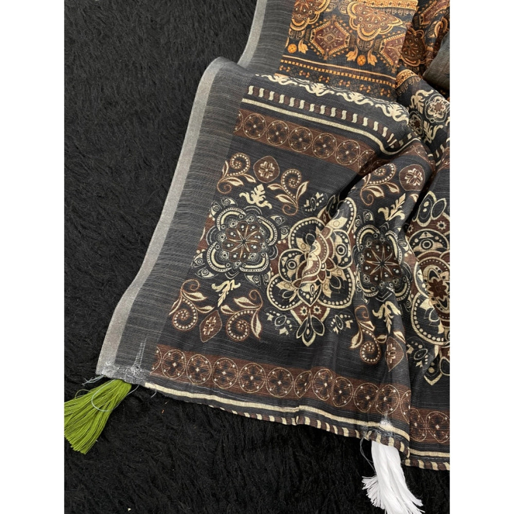 Generic Women's Linen Cotton Printed Saree With Unstitched Blouse 5.5Mtr (Beige)