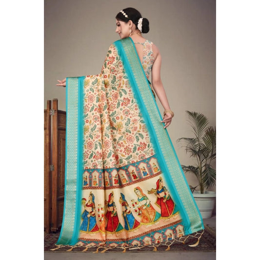 Generic Women's Cotton Silk Printed Saree With Unstitched Blouse 5.5Mtr (Sky Blue)