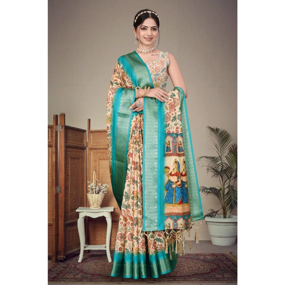 Generic Women's Cotton Silk Printed Saree With Unstitched Blouse 5.5Mtr (Sky Blue)