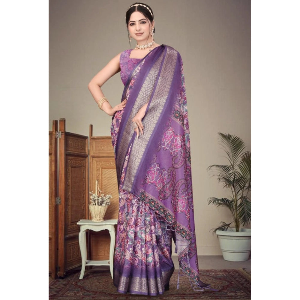 Generic Women's Cotton Silk Printed Saree With Unstitched Blouse 5.5Mtr (Purple)