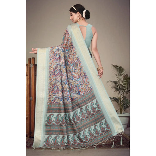 Generic Women's Cotton Silk Printed Saree With Unstitched Blouse 5.5Mtr (Multicolor)