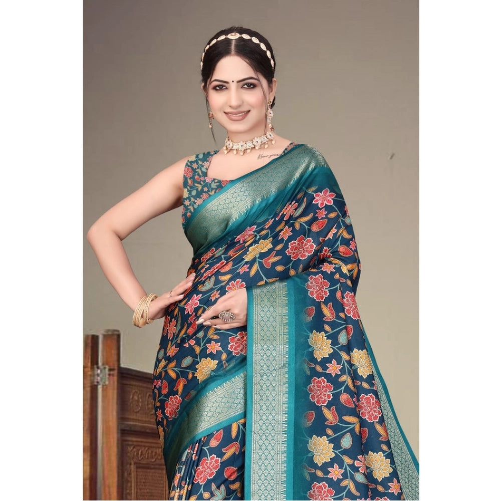 Generic Women's Cotton Silk Printed Saree With Unstitched Blouse 5.5Mtr (Blue)