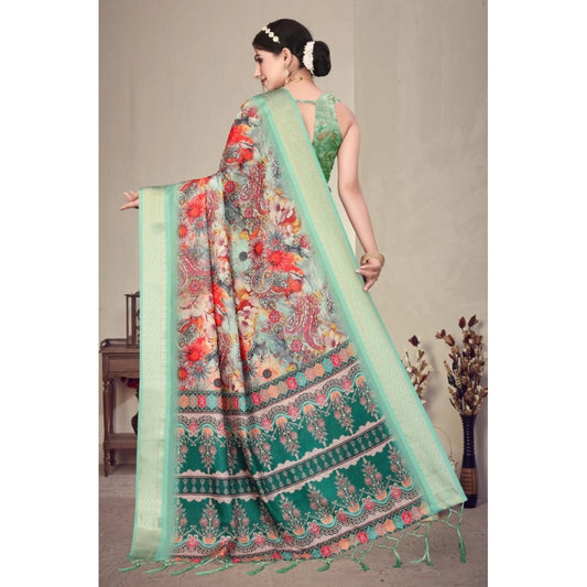 Generic Women's Cotton Silk Printed Saree With Unstitched Blouse 5.5Mtr (Light Green)