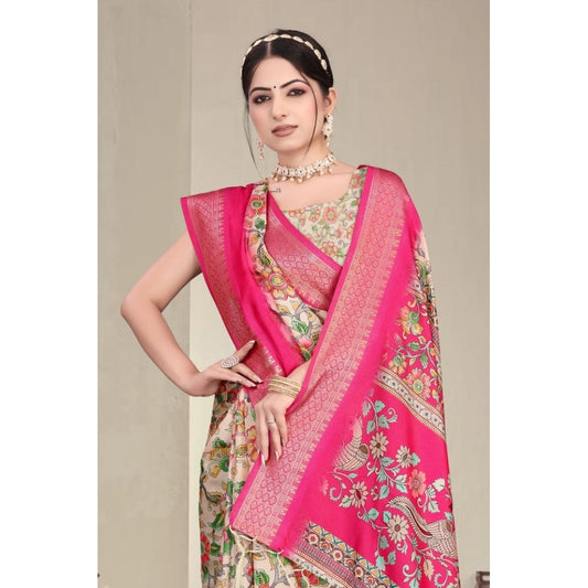 Generic Women's Cotton Silk Printed Saree With Unstitched Blouse 5.5Mtr (Pink)