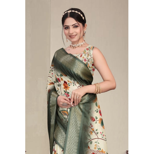 Generic Women's Cotton Silk Printed Saree With Unstitched Blouse 5.5Mtr (Green)