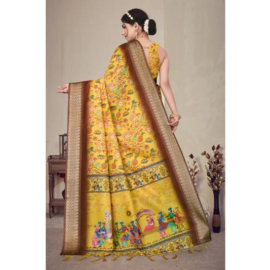Generic Women's Cotton Silk Printed Saree With Unstitched Blouse 5.5Mtr (Yellow)