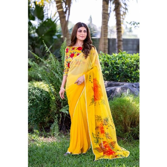 Generic Women's Georgette Printed Saree With Unstitched Blouse 5.5Mtr (Yellow)