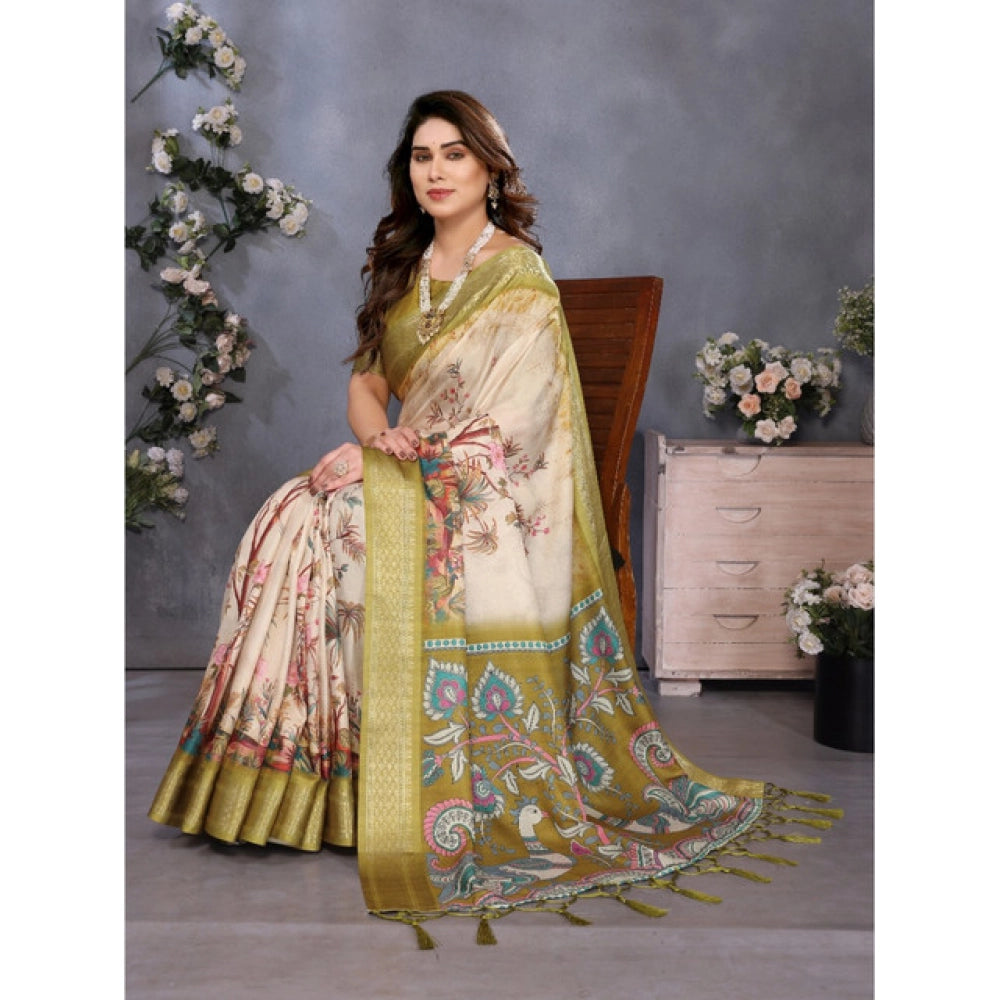 Generic Women's Cotton Silk Printed Saree With Unstitched Blouse 5.5Mtr (Olive Green)