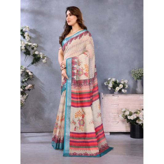 Generic Women's Linen Cotton Printed Saree With Unstitched Blouse 5.5Mtr (Cream)