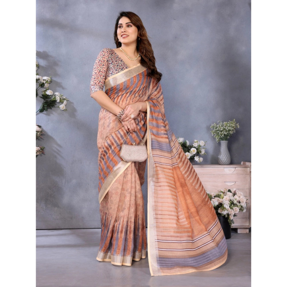 Generic Women's Linen Cotton Printed Saree With Unstitched Blouse 5.5Mtr (Brown)