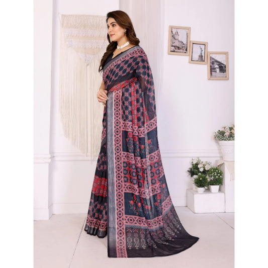 Generic Women's Linen Cotton Printed Saree With Unstitched Blouse 5.5Mtr (Black)