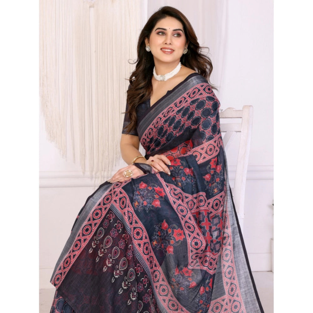 Generic Women's Linen Cotton Printed Saree With Unstitched Blouse 5.5Mtr (Black)