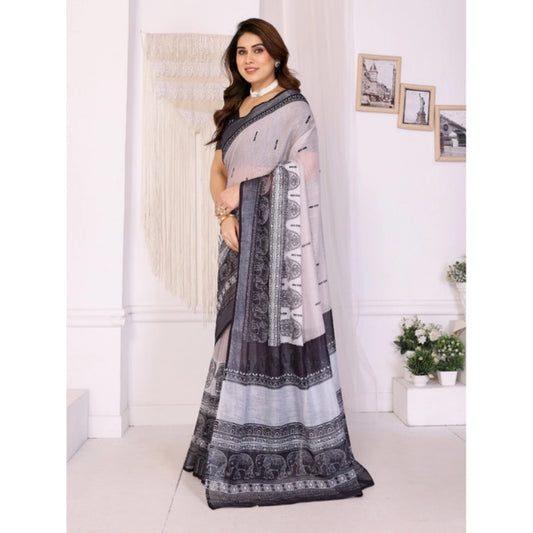 Generic Women's Linen Cotton Printed Saree With Unstitched Blouse 5.5Mtr (White & Black)