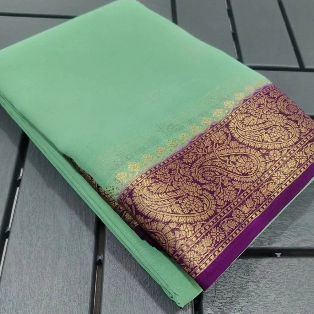 Generic Women's Crepe Chit Pallu Solid Saree With Unstitched Blouse 5.5Mtr (Light Green)