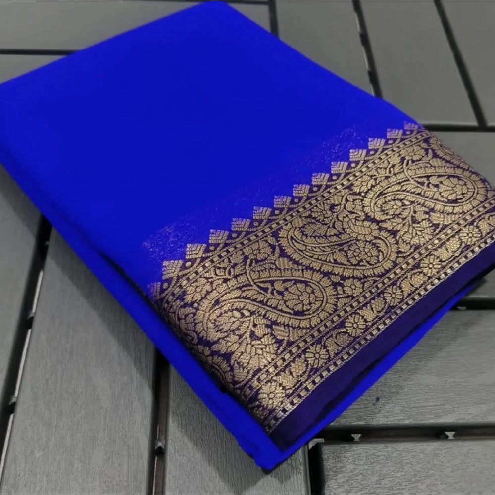 Generic Women's Crepe Chit Pallu Solid Saree With Unstitched Blouse 5.5Mtr (Navy Blue)